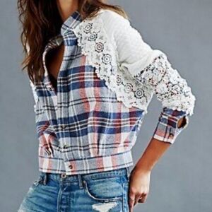 Free People Multicolor Plaid Button Down Bomber Style Jacket with Lace Detail